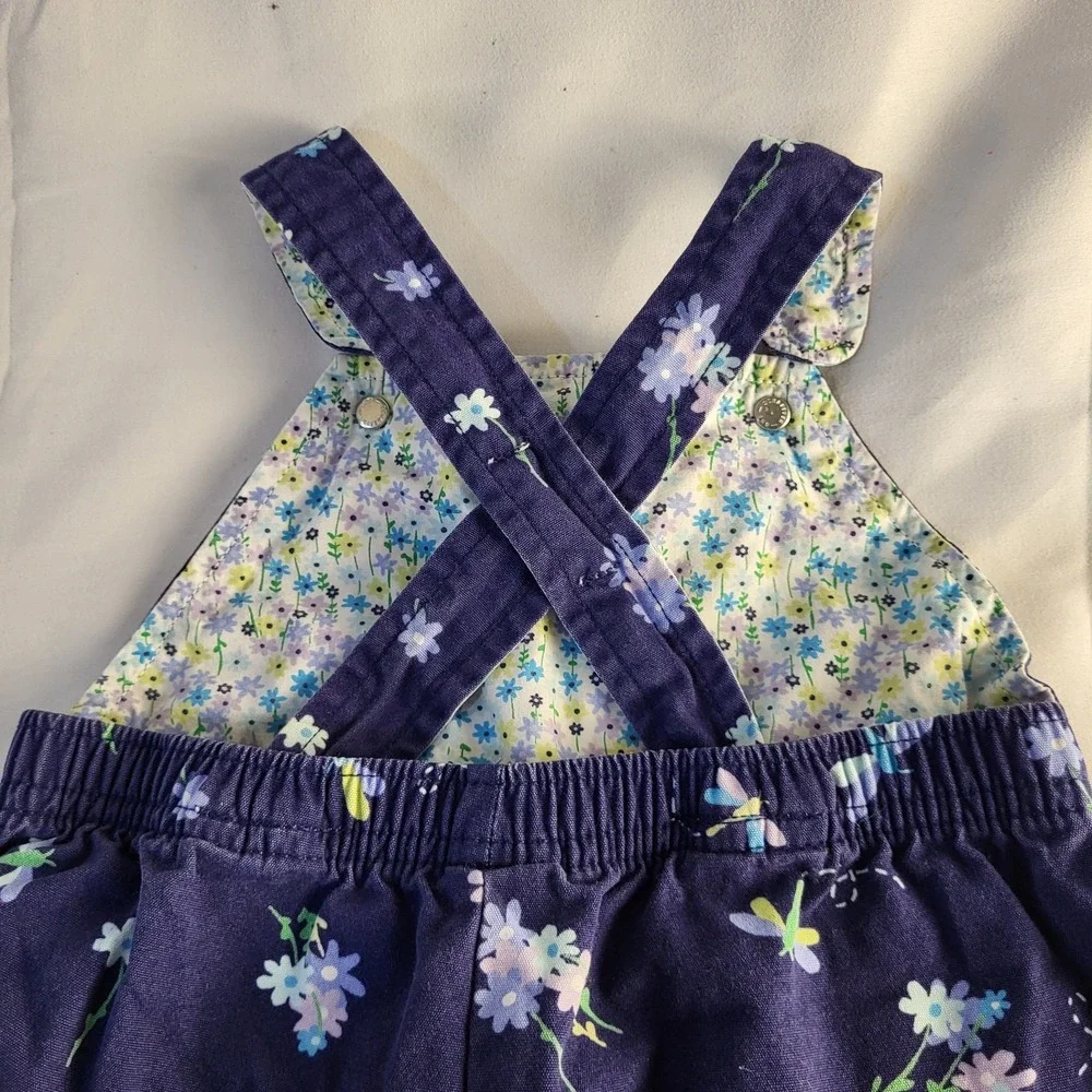 Y2K Gymboree Vintage Sz 6-12 Months Baby Girl Spring Flowers Blue Overalls 2001